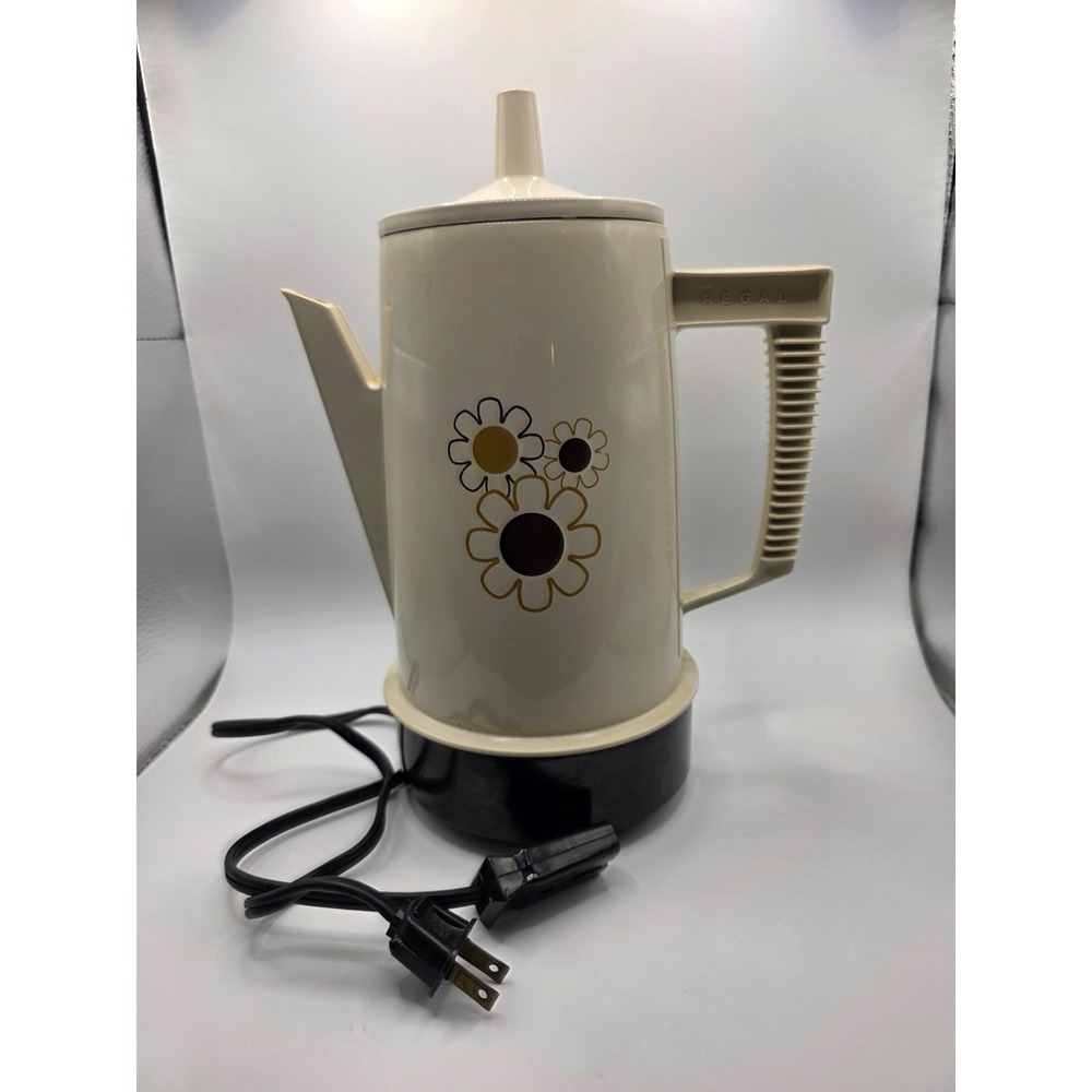 Vintage Regal Poly-Perk Electric Coffee Percolator Mod Daisy Floral 70s Cream